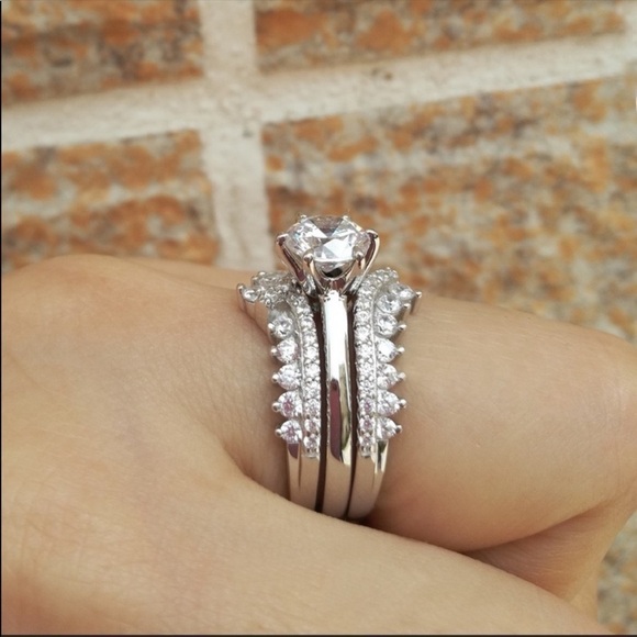 𝅺COPY - 925 Silver Moissanite Engagement Ring Wedding Band Set - Picture 3 of 9